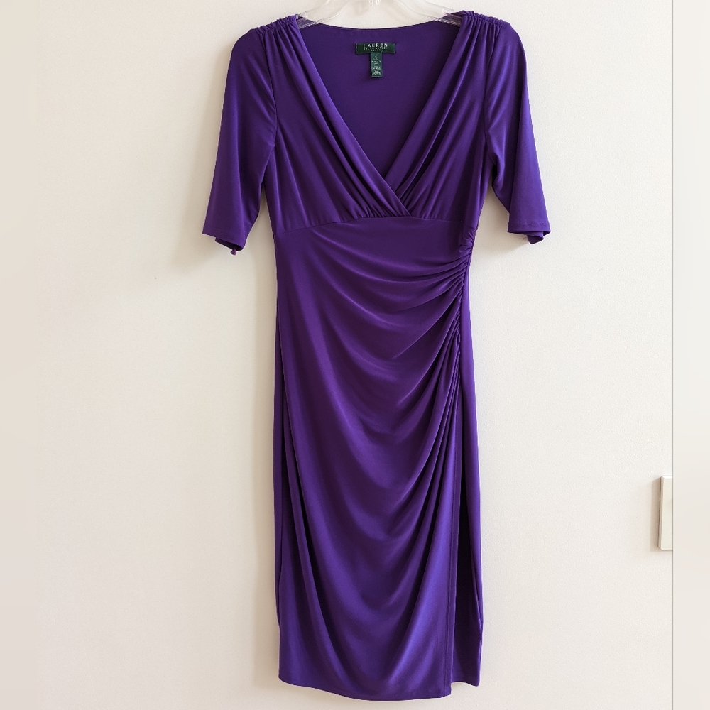 Ralph Lauren Purple Faux Wrap Dress Size 2 Drape Neck 1/2 Sleeves